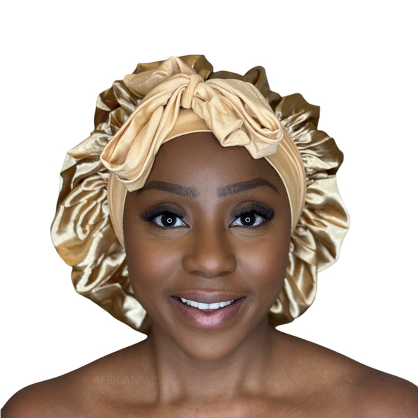 Satin Hair Bonnet with straps - Khaki ( Satin Night sleep cap )