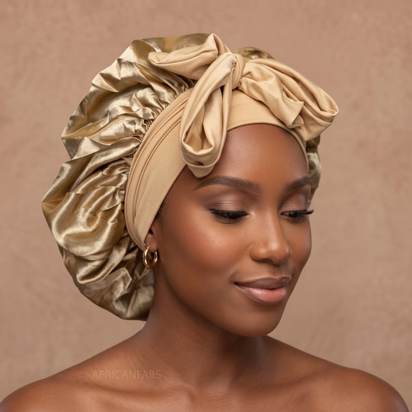 Satin Hair Bonnet with straps - Khaki ( Satin Night sleep cap )