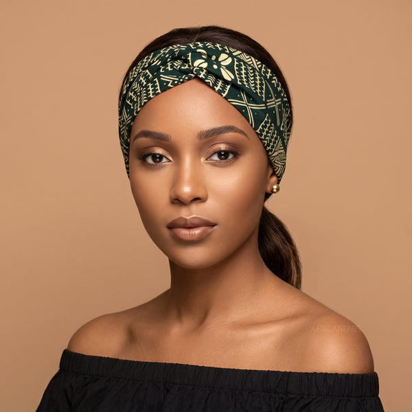 African print Headband - Adults - Hair Accessories - Green Bogolan Grid