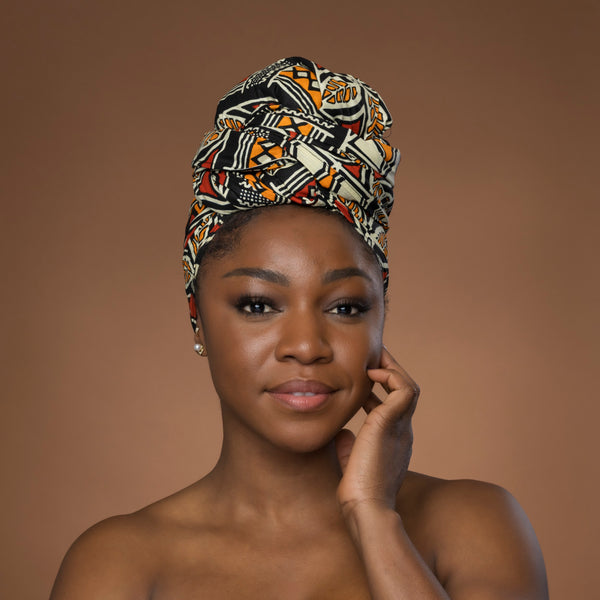 African headwrap - Red Orange Bogolan Symbols