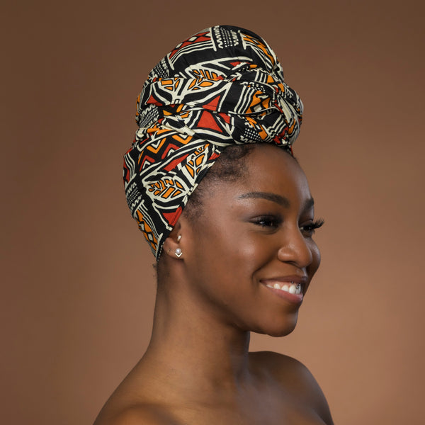 African headwrap - Red Orange Bogolan Symbols