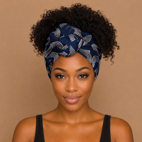African headwrap - Blue White Wave Patterns
