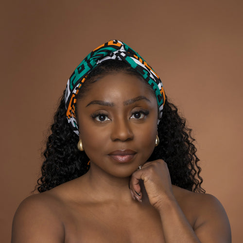 African headwrap - Teal Yellow Kuba Blocks Congo