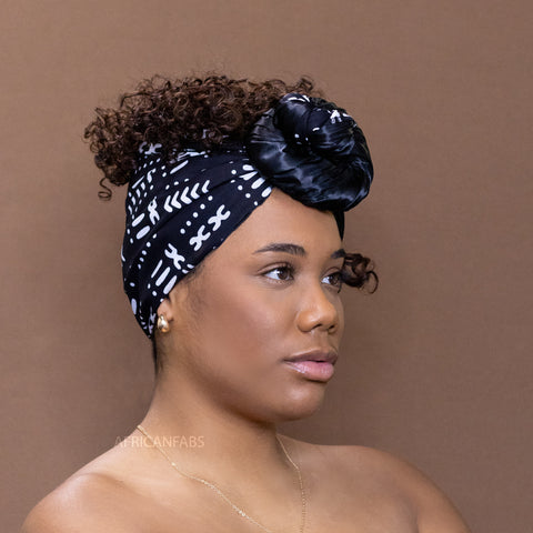 African Satin Lined headwrap / Black / white Bogolan