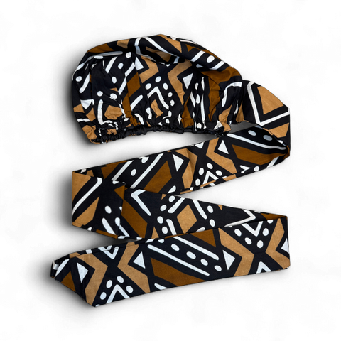 Easy headwrap - Satin lined hair bonnet - Brown & Beige Bogolan