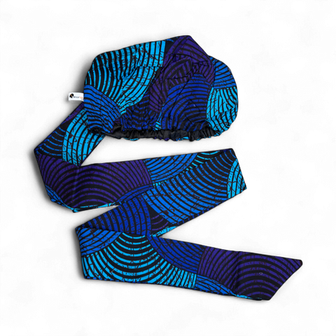 Easy headwrap - Satin lined hair bonnet - Blue & Turquoise Concentric