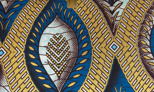 African Wax print fabric - Blue Gold Ancient Leaf Geometry - Special effect Brillant Platinum Edition
