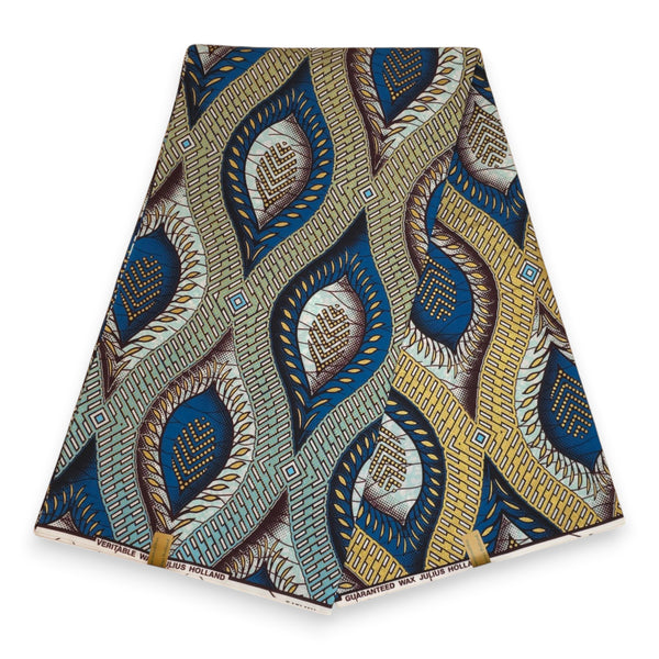 African Wax print fabric - Blue Gold Ancient Leaf Geometry - Special effect Brillant Platinum Edition