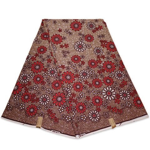 African Wax print fabric - Beige and Red Blossom Meadow Pattern - 100% cotton