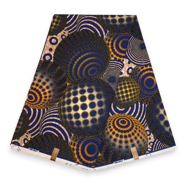 African Wax print fabric - Blue Orange Cosmic Orb Pattern - 100% cotton