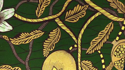 African Wax print fabric - Green Gold Cream Pomegranate Garden - Special effect Brillant Platinum Edition