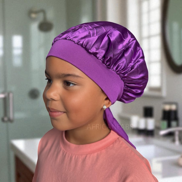 Purple Satin Hair Bonnet with Tie Straps (Kids / Children's size 3-7 years) ( Satin Night sleep cap)