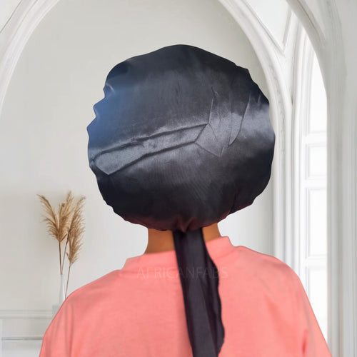 Black Satin Hair Bonnet with Tie Straps (Kids / Children's size 3-7 years) ( Satin Night sleep cap)