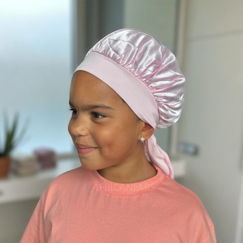 Pink Satin Hair Bonnet with Tie Straps (Kids / Children's size 3-7 years) ( Satin Night sleep cap)