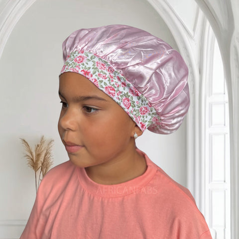 Pink flower Satin Hair Bonnet with Tie Straps (Kids / Children's size 3-7 years) ( Satin Night sleep cap)