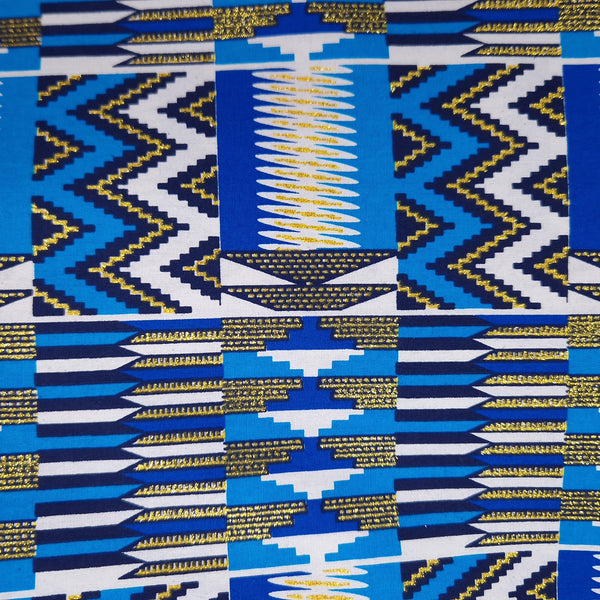 African print fabric - Exclusive Embellished Glitter effects 100% cotton - KT-3084 Kente Gold Blue