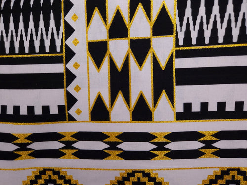 African print fabric - Exclusive Embellished Glitter effects 100% cotton - KT-3099 Kente Gold Black White