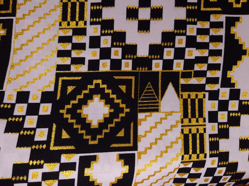 African print fabric - Exclusive Embellished Glitter effects 100% cotton - KT-3130 Kente Gold Black White