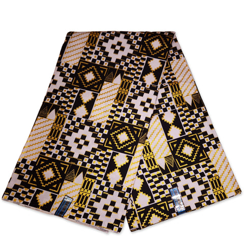 African print fabric - Exclusive Embellished Glitter effects 100% cotton - KT-3130 Kente Gold Black White
