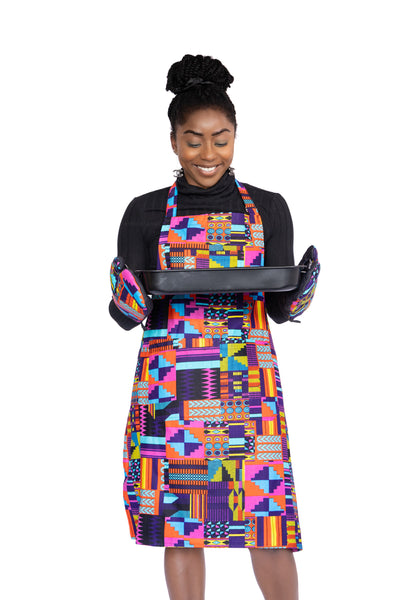 African print Apron - Pink Multicolor kente