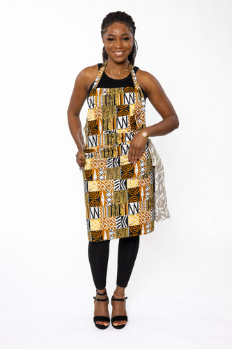 African print Apron - Khaki Bogolan Mosaic