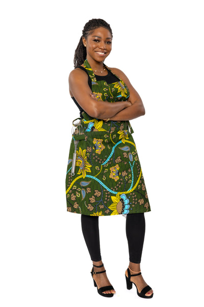 African print Apron - Green Yellow Botanical Flow
