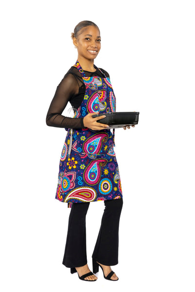 African print Apron - Blue Pink Paisley