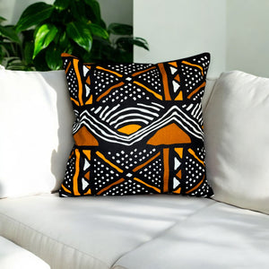 African pillow cover | Black / orange Bogolan /  - Decorative pillow 45x45cm - 100% Cotton