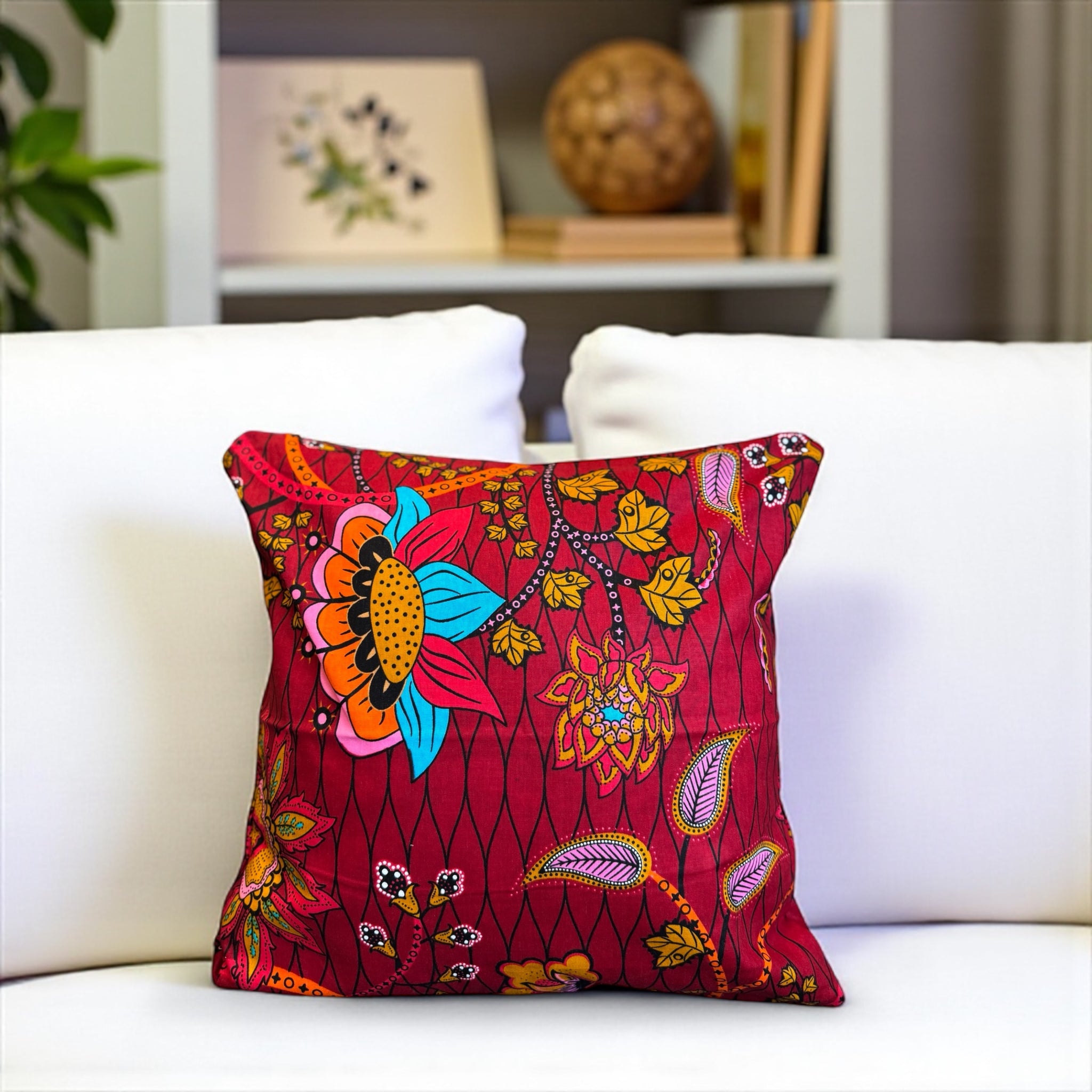 African pillow cover | Dark Red & Yellow Botanical Flow - Decorative pillow 45x45cm - 100% Cotton