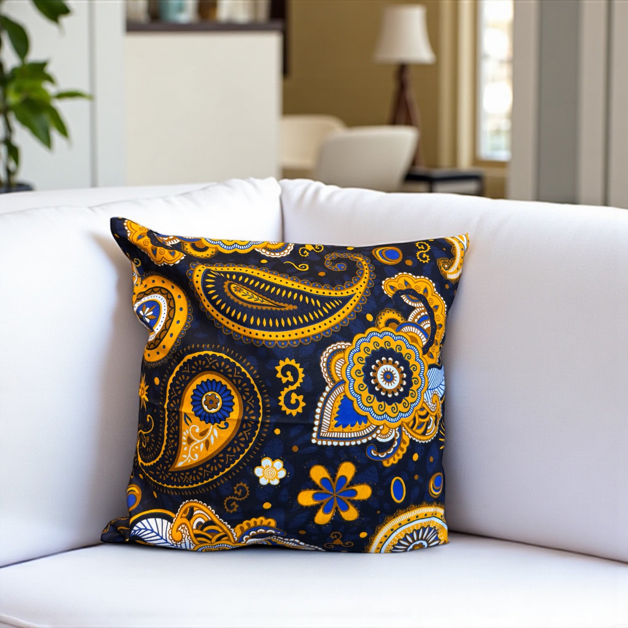 African pillow cover | Navy blue Yellow Paisley - Decorative pillow 45x45cm - 100% Cotton