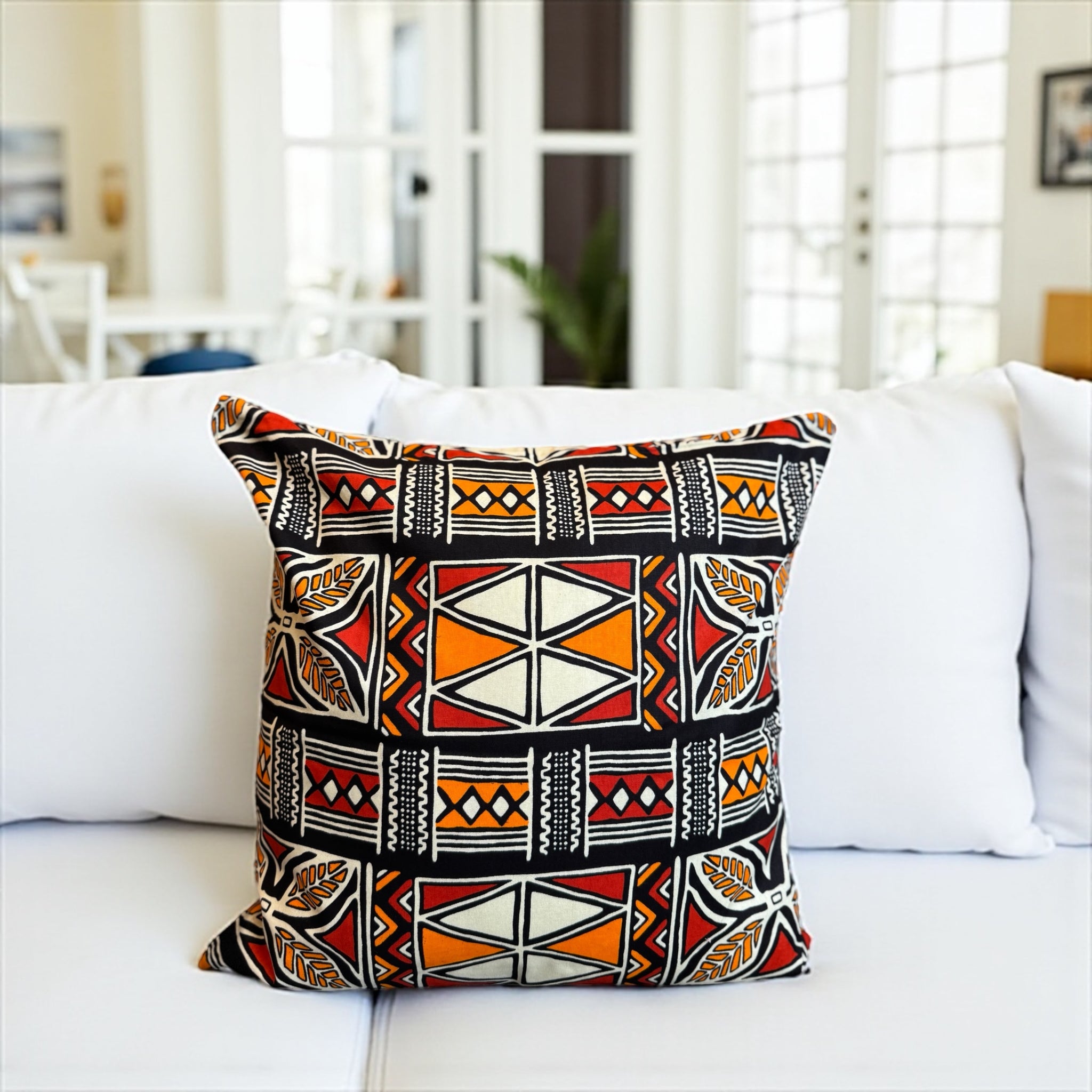 African pillow cover | Red & Orange Bogolan Symbols - Decorative pillow 45x45cm - 100% Cotton
