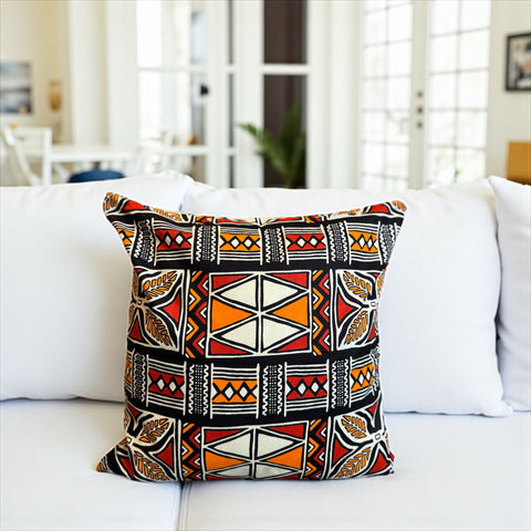African pillow cover | Red & Orange Bogolan Symbols - Decorative pillow 45x45cm - 100% Cotton