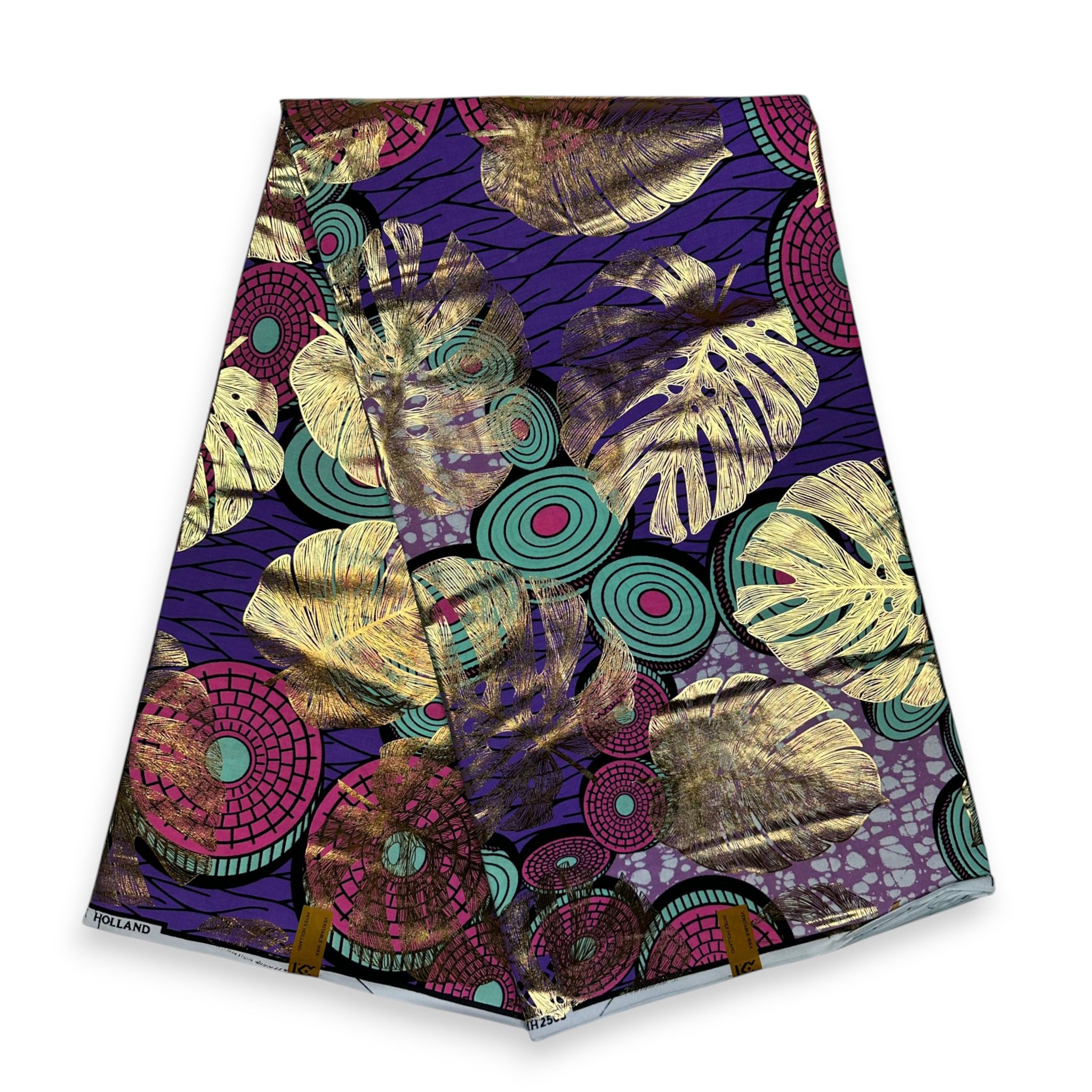 African Wax print fabric - Gold effects - Purple disks