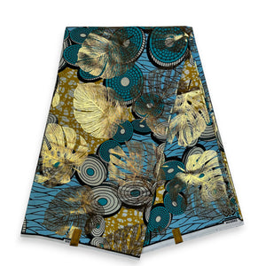 African Wax print fabric - Gold effects - Light blue disks