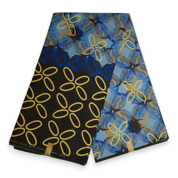 African print fabric - Black / Blue - Polycotton