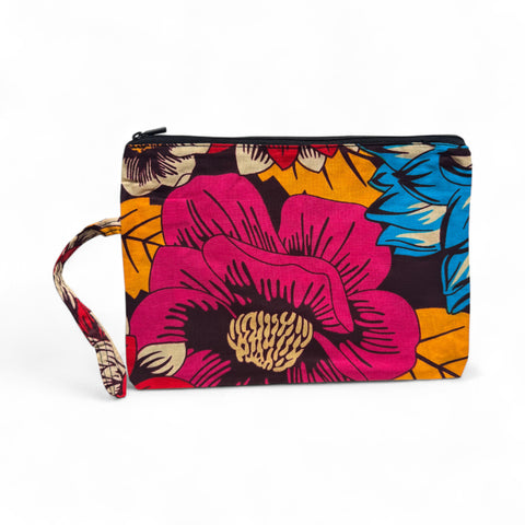 African print Makeup pouch / Pencil case / Cosmetic Bag / Coin Purse - Red & Blue Flowers