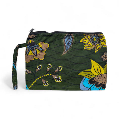 African print Makeup pouch / Pencil case / Cosmetic Bag / Coin Purse - Dark Green & Yellow Botanical Flow