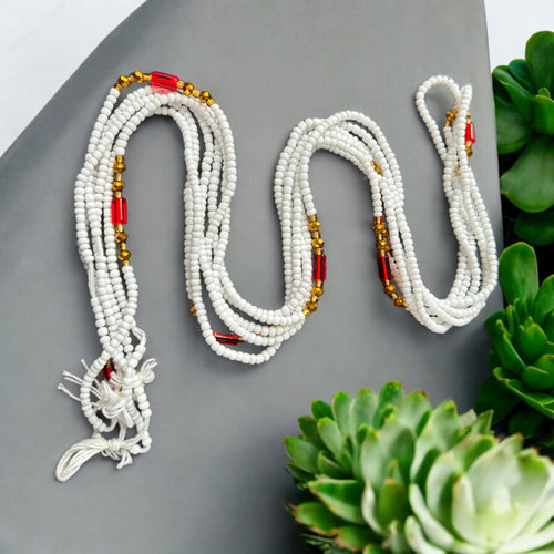Waist Beads / African Hip Chain - Nayoghóna - White / Red (Traditional non-elastic string)