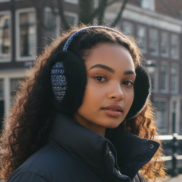 African Print Earmuffs - Foldable Winter Ear Warmers - Blue Bogolan