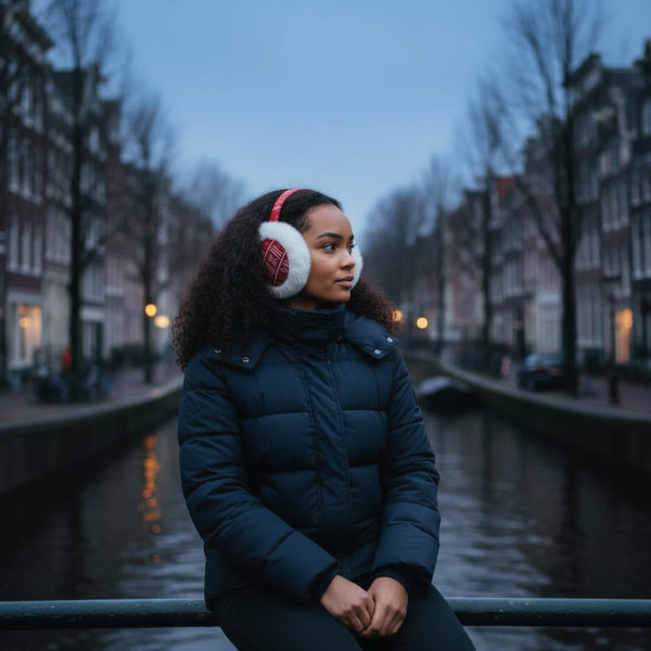 African Print Earmuffs - Foldable Winter Ear Warmers - Red White Bogolan