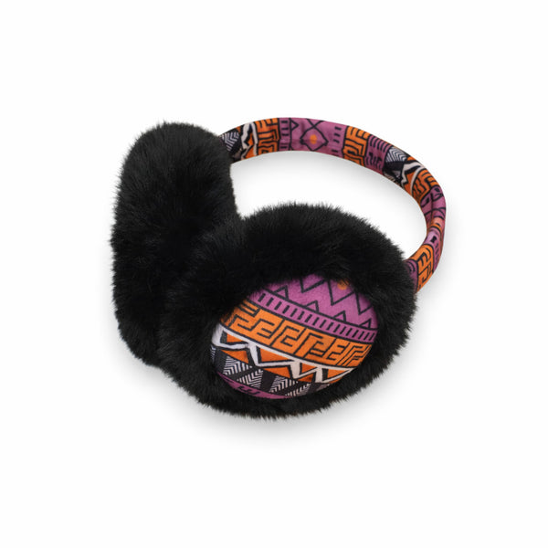 African Print Earmuffs - Foldable Winter Ear Warmers - Pink Orange Tribal