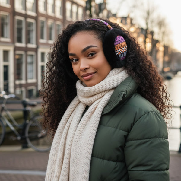 African Print Earmuffs - Foldable Winter Ear Warmers - Pink Orange Tribal