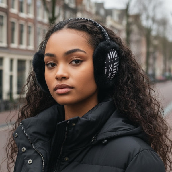 African Print Earmuffs - Foldable Winter Ear Warmers - Black White Bogolan