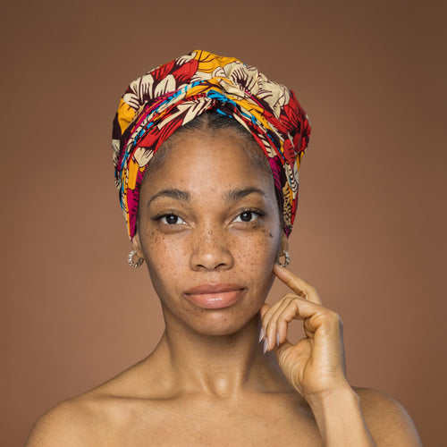 XL Easy headwrap - Satin lined hair bonnet - Red Blue Flowers