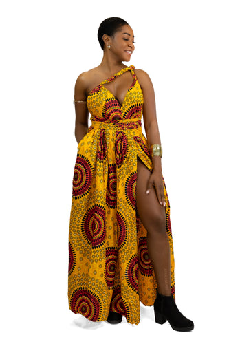African Print YellowOrange Dotted Patterns Infinity Multiway Maxi Dress