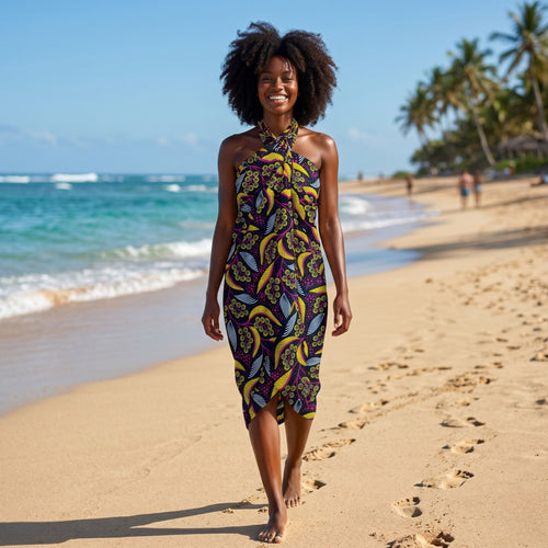 Sarong / pareo - Cotton Beachwear wrap skirt / baby carrier wrap - Yellow / pink leaves