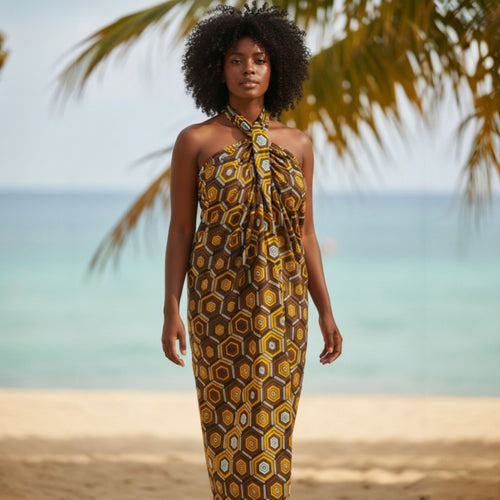 Sarong / pareo - Cotton Beachwear wrap skirt / baby carrier wrap - Brown Hexagon