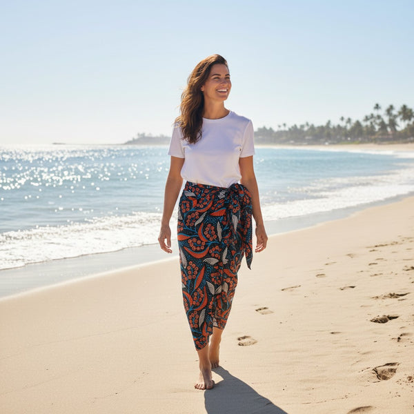 Sarong / pareo - Cotton Beachwear wrap skirt / baby carrier wrap - Blue Orange Leaves and Berries