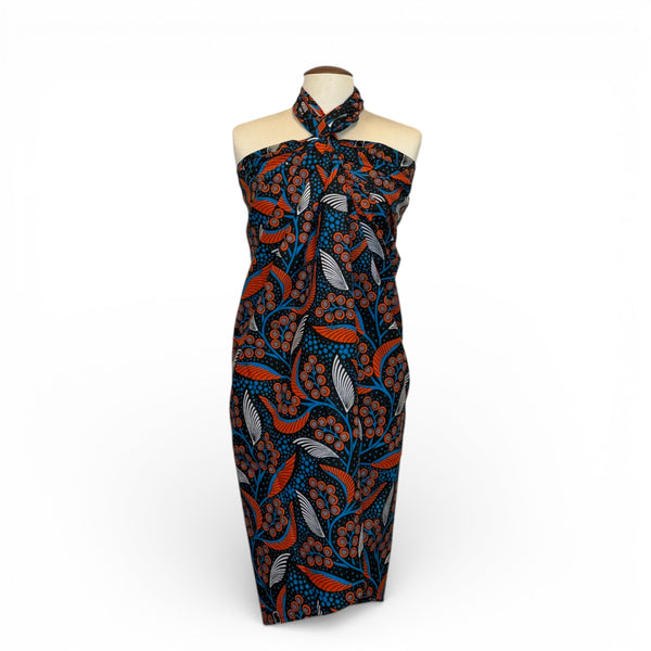 Sarong / pareo - Cotton Beachwear wrap skirt / baby carrier wrap - Blue Orange Leaves and Berries