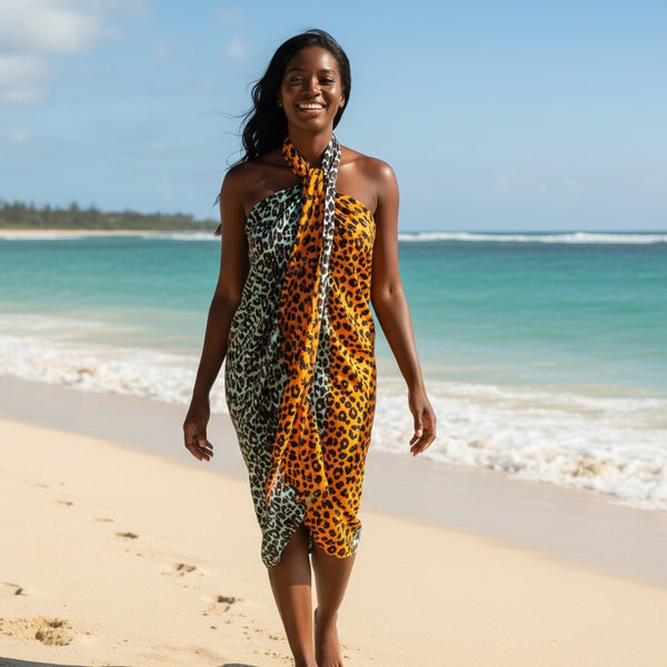 Sarong / pareo - Cotton Beachwear wrap skirt / baby carrier wrap - Panter orange / turquoise